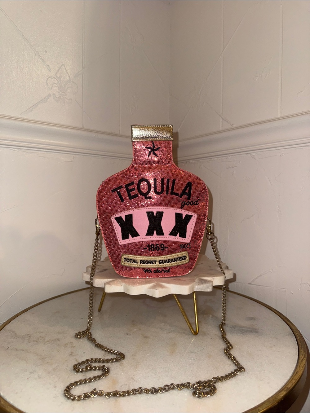 Pink Tequila Bottle Crossbody Bag - Unbranded Glitter Accent